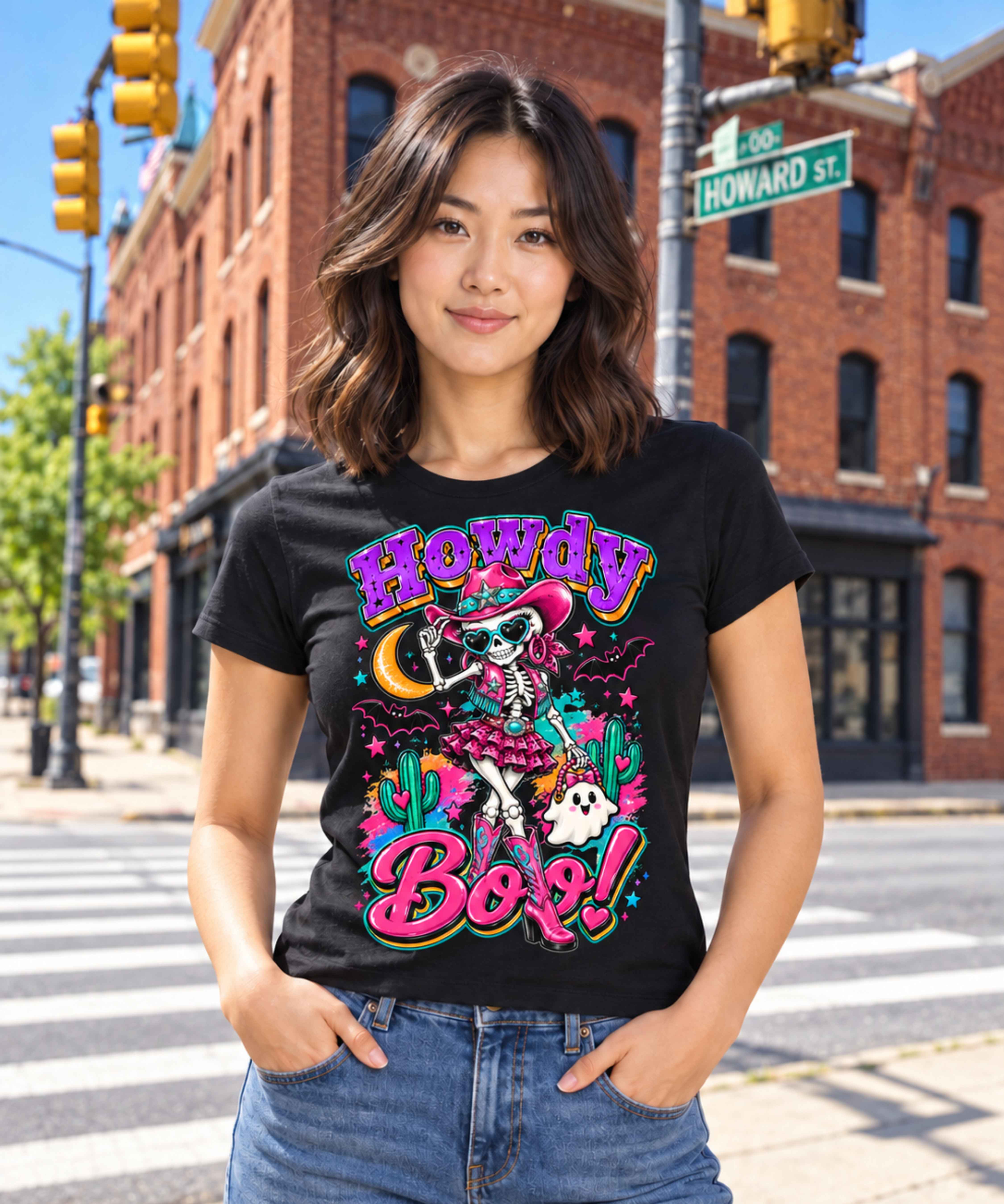 Howdy Boo skeleton cowgirl design