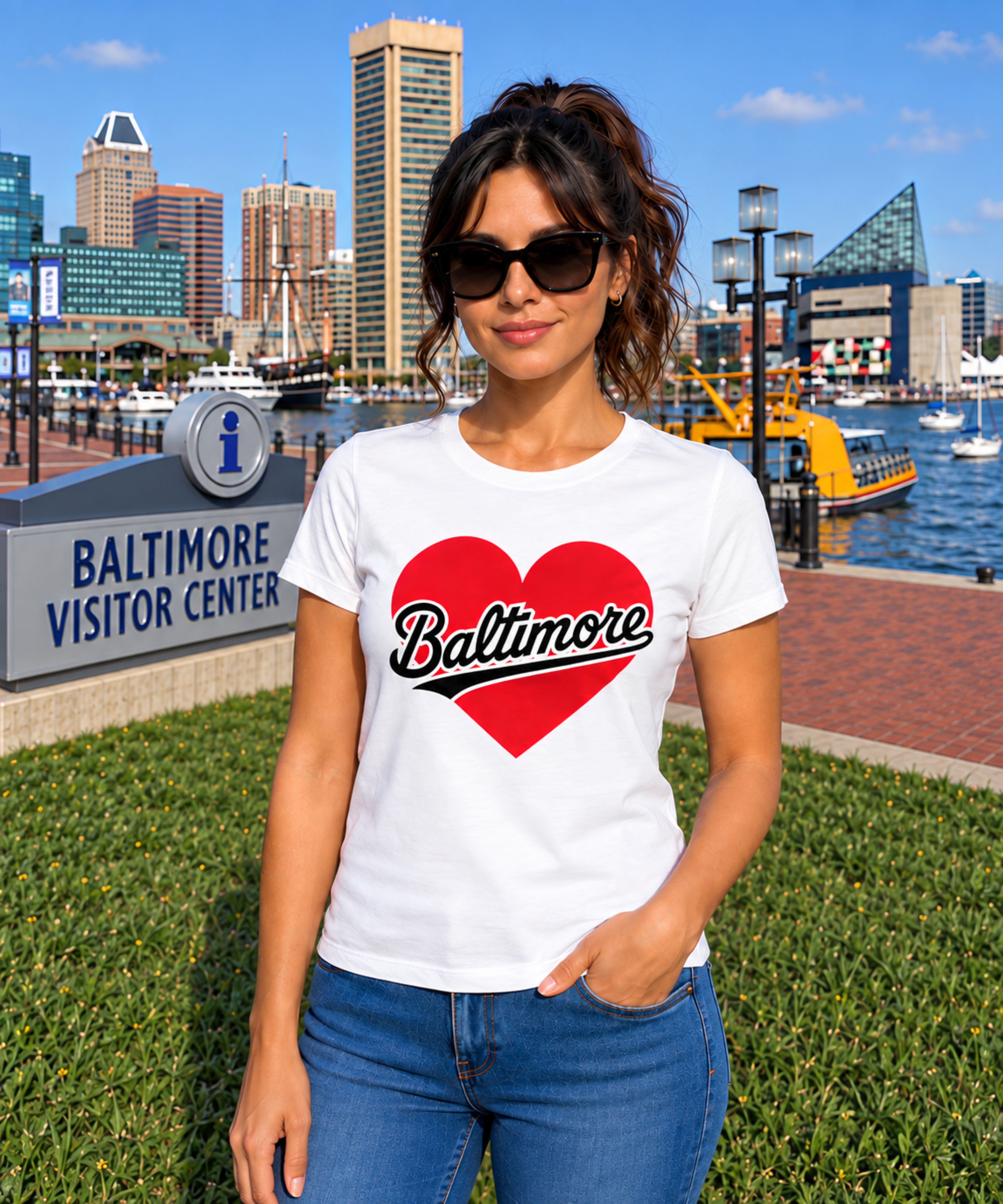 Model wearing a Baltimore heart design tee at the Inner Harbor